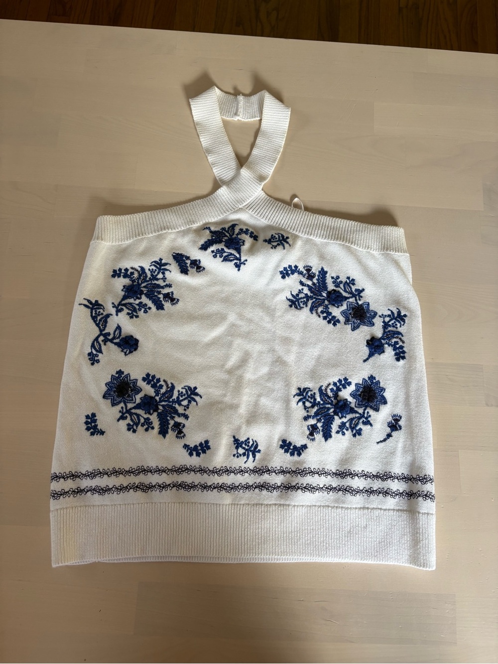 LOFT White Halter Knit Camisole with Blue Floral Embroidery